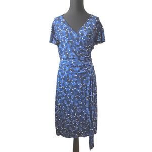 Ann Taylor Factory Women's Blue & Black Print Stretch Knit Wrap Dress sz 14